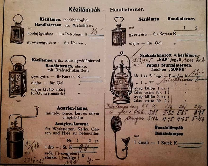 Petrolejska rasvjeta iz prodajnog asortimana veletrgovačke kuće Bardos&Brachfeld iz Budimpešte, koja je bila jedan od najvećih distributera rasvjete u Austro-Ugarskoj Monarhiji